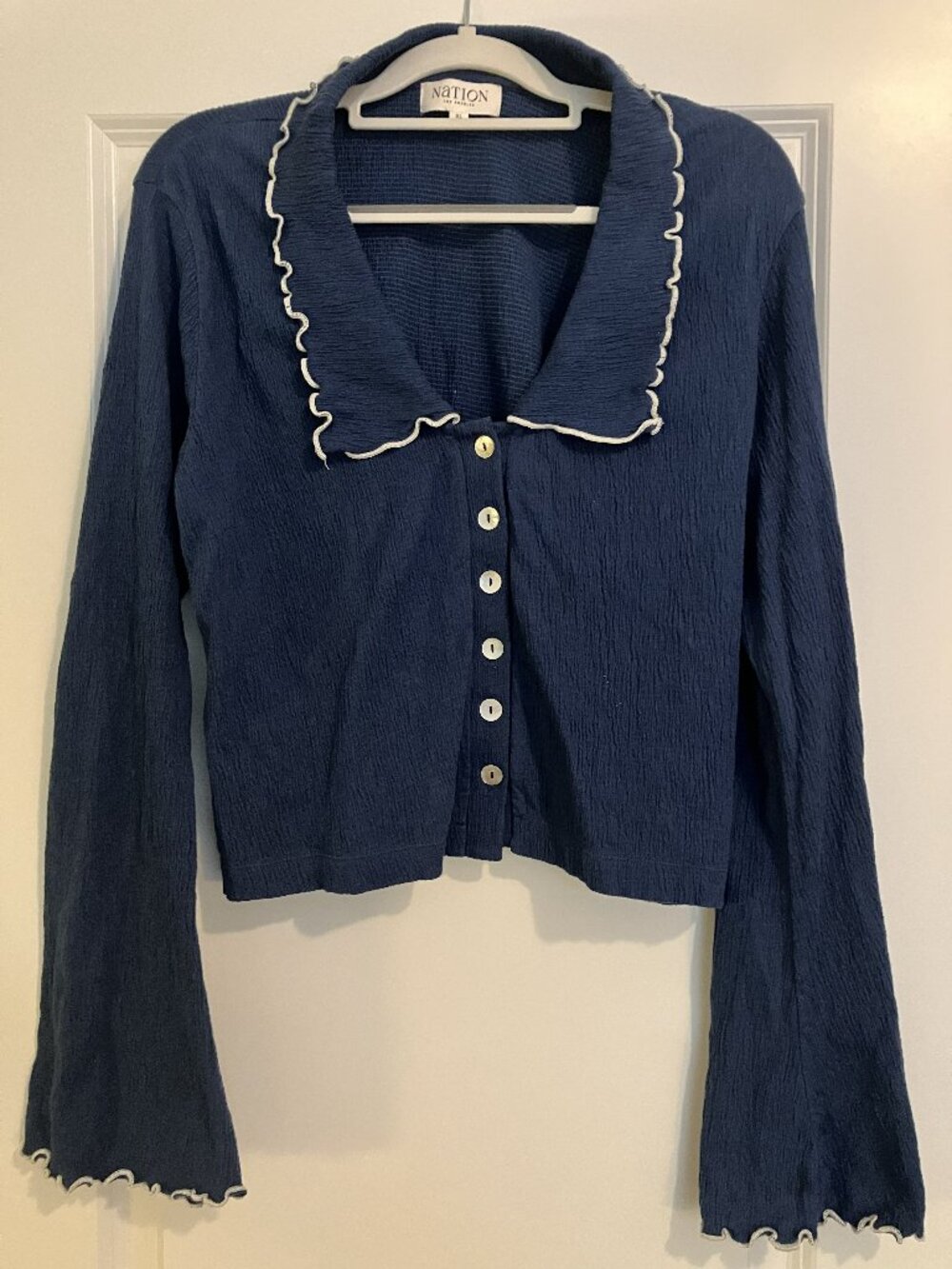 Nation Los Angeles Navy Crepe Long-Sleeve Blouse Top